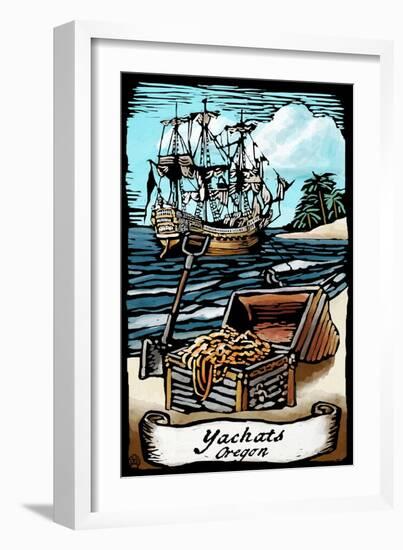 Yachats, Oregon - Pirates with Scroll - Scratchboard-Lantern Press-Framed Art Print