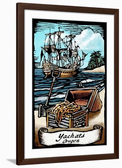 Yachats, Oregon - Pirates with Scroll - Scratchboard-Lantern Press-Framed Art Print