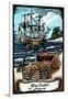 Yachats, Oregon - Pirates with Scroll - Scratchboard-Lantern Press-Framed Art Print