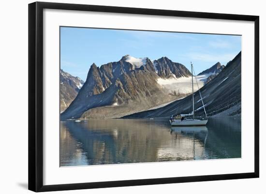 Yacht Anchored under a Glacier, Magdalenefjord, Svalbard, Norway, Scandinavia, Europe-David Lomax-Framed Photographic Print