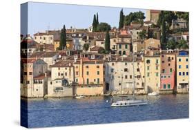 Yacht and Old Town from the Sea on a Summer's Early Morning, Rovinj (Rovigno) Peninsula, Istria-Eleanor Scriven-Stretched Canvas