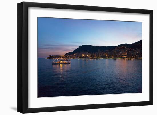 Yacht and seaside night view of Monte-Carlo with lights at dusk, in the Principality of Monaco,...-null-Framed Photographic Print