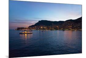 Yacht and seaside night view of Monte-Carlo with lights at dusk, in the Principality of Monaco,...-null-Mounted Premium Photographic Print