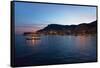 Yacht and seaside night view of Monte-Carlo with lights at dusk, in the Principality of Monaco,...-null-Framed Stretched Canvas