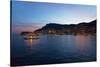 Yacht and seaside night view of Monte-Carlo with lights at dusk, in the Principality of Monaco,...-null-Stretched Canvas