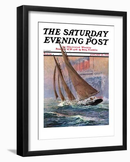 "Yacht and Steamship," Saturday Evening Post Cover, January 23, 1932-Anton Otto Fischer-Framed Premium Giclee Print