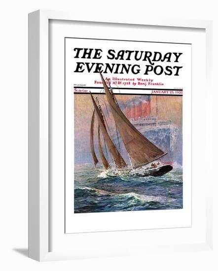 "Yacht and Steamship," Saturday Evening Post Cover, January 23, 1932-Anton Otto Fischer-Framed Premium Giclee Print