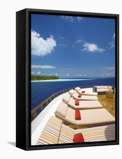 Yacht and Tropical Island, Maldives, Indian Ocean, Asia-Sakis Papadopoulos-Framed Stretched Canvas