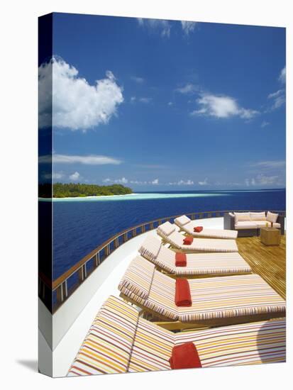 Yacht and Tropical Island, Maldives, Indian Ocean, Asia-Sakis Papadopoulos-Stretched Canvas