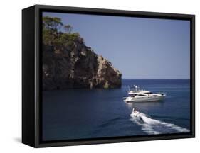 Yacht Moored Off Deia, Mallorca, Balearic Islands, Spain, Mediterranean, Europe-null-Framed Stretched Canvas