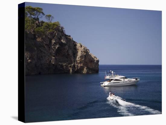 Yacht Moored Off Deia, Mallorca, Balearic Islands, Spain, Mediterranean, Europe-null-Stretched Canvas