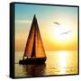 Yacht Sailing against Sunset. Holiday Lifestyle Landscape with Skyline Sailboat and Two Seagull. Ya-Repina Valeriya-Framed Stretched Canvas