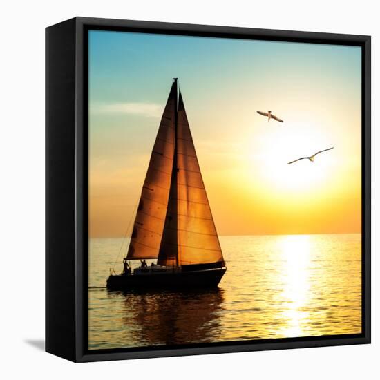 Yacht Sailing against Sunset. Holiday Lifestyle Landscape with Skyline Sailboat and Two Seagull. Ya-Repina Valeriya-Framed Stretched Canvas