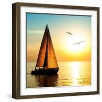 Yacht Sailing against Sunset. Holiday Lifestyle Landscape with Skyline Sailboat and Two Seagull. Ya-Repina Valeriya-Framed Photographic Print