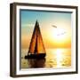 Yacht Sailing against Sunset. Holiday Lifestyle Landscape with Skyline Sailboat and Two Seagull. Ya-Repina Valeriya-Framed Photographic Print