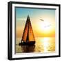 Yacht Sailing against Sunset. Holiday Lifestyle Landscape with Skyline Sailboat and Two Seagull. Ya-Repina Valeriya-Framed Photographic Print