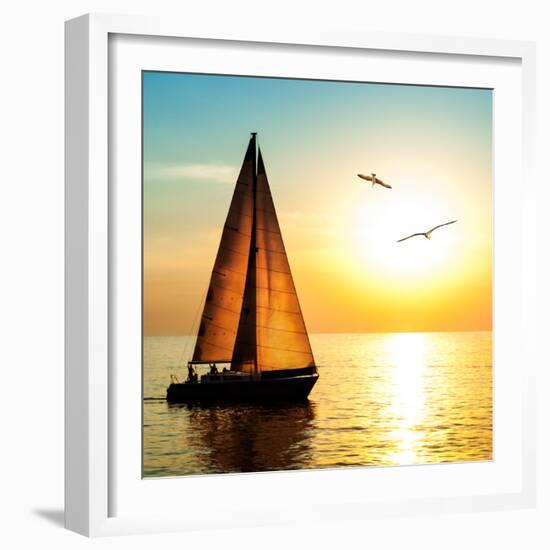 Yacht Sailing against Sunset. Holiday Lifestyle Landscape with Skyline Sailboat and Two Seagull. Ya-Repina Valeriya-Framed Photographic Print