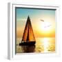 Yacht Sailing against Sunset. Holiday Lifestyle Landscape with Skyline Sailboat and Two Seagull. Ya-Repina Valeriya-Framed Photographic Print