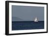 Yacht. Sailing Boat. Sailboat White Sail Boat between Blue Sky and Dark Blue Sea. an Island on Fore-PROtoys-Framed Photographic Print