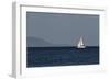 Yacht. Sailing Boat. Sailboat White Sail Boat between Blue Sky and Dark Blue Sea. an Island on Fore-PROtoys-Framed Photographic Print