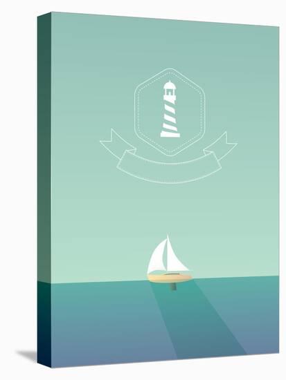 Yacht Sailing in the Sea. Traveling Concept Design with Long Shadow. Lighthouse Hexagonal Badge. Ep-MJgraphics-Stretched Canvas