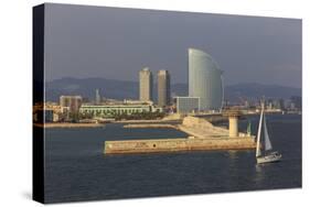 Yacht Sails Past La Barceloneta and the Waterfront-Eleanor Scriven-Stretched Canvas