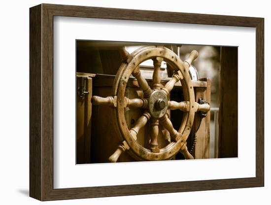 Yachting. Ship Wooden Steering Wheel. Sailboat Detail.-Voy-Framed Photographic Print