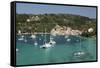 Yachts anchored in bay, Lakka, Paxos, Ionian Islands, Greek Islands, Greece, Europe-Stuart Black-Framed Stretched Canvas