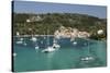 Yachts anchored in bay, Lakka, Paxos, Ionian Islands, Greek Islands, Greece, Europe-Stuart Black-Stretched Canvas