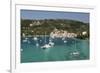 Yachts anchored in bay, Lakka, Paxos, Ionian Islands, Greek Islands, Greece, Europe-Stuart Black-Framed Photographic Print