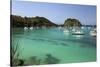 Yachts anchored in bay, Lakka, Paxos, Ionian Islands, Greek Islands, Greece, Europe-Stuart Black-Stretched Canvas