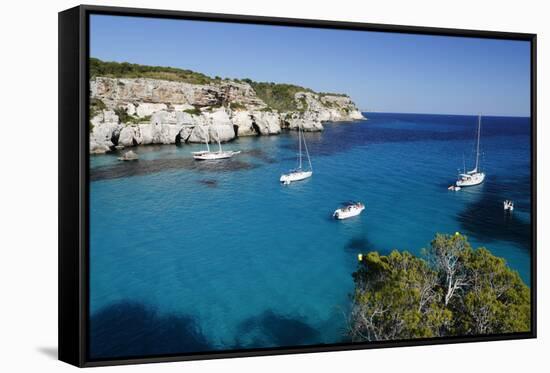 Yachts Anchored in Cove, Cala Macarella, Near Cala Galdana-Stuart Black-Framed Stretched Canvas