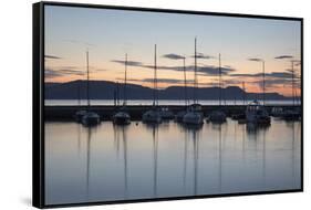 Yachts moored in The Cobb with Jurassic Coast and Golden Cap at sunrise, Lyme Regis, Dorset, Englan-Stuart Black-Framed Stretched Canvas