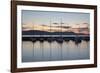 Yachts moored in The Cobb with Jurassic Coast and Golden Cap at sunrise, Lyme Regis, Dorset, Englan-Stuart Black-Framed Photographic Print