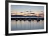 Yachts moored in The Cobb with Jurassic Coast and Golden Cap at sunrise, Lyme Regis, Dorset, Englan-Stuart Black-Framed Photographic Print