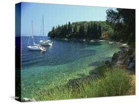 Yachts Moored Offshore in Kalami Bay on the Coast, Corfu, Ionian Islands, Greek Islands, Greece-Kathy Collins-Stretched Canvas