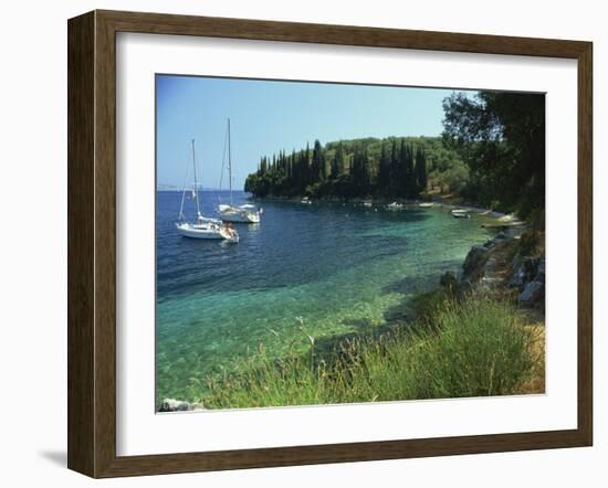 Yachts Moored Offshore in Kalami Bay on the Coast, Corfu, Ionian Islands, Greek Islands, Greece-Kathy Collins-Framed Photographic Print