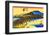 Yahagi Bridge with Okazaki Castle in Background-Ando Hiroshige-Framed Giclee Print