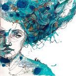 Beautiful Girl's Face with Long Blue Hair. Watercolor Illustration in Vector.Design for Invitation,-Yana Fefelova-Framed Art Print