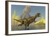 Yangchuanosaurus Dinosaurs Running across a Stream as a Volcano Erupts-null-Framed Art Print