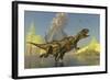 Yangchuanosaurus Dinosaurs Running across a Stream as a Volcano Erupts-null-Framed Art Print