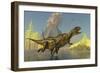Yangchuanosaurus Dinosaurs Running across a Stream as a Volcano Erupts-null-Framed Art Print