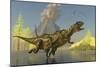 Yangchuanosaurus Dinosaurs Running across a Stream as a Volcano Erupts-null-Mounted Art Print