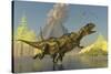 Yangchuanosaurus Dinosaurs Running across a Stream as a Volcano Erupts-null-Stretched Canvas