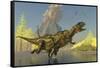 Yangchuanosaurus Dinosaurs Running across a Stream as a Volcano Erupts-null-Framed Stretched Canvas