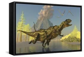 Yangchuanosaurus Dinosaurs Running across a Stream as a Volcano Erupts-null-Framed Stretched Canvas