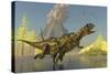 Yangchuanosaurus Dinosaurs Running across a Stream as a Volcano Erupts-null-Stretched Canvas
