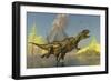 Yangchuanosaurus Dinosaurs Running across a Stream as a Volcano Erupts-null-Framed Premium Giclee Print