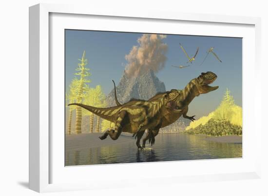 Yangchuanosaurus Dinosaurs Running across a Stream as a Volcano Erupts-null-Framed Premium Giclee Print