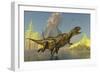 Yangchuanosaurus Dinosaurs Running across a Stream as a Volcano Erupts-null-Framed Premium Giclee Print